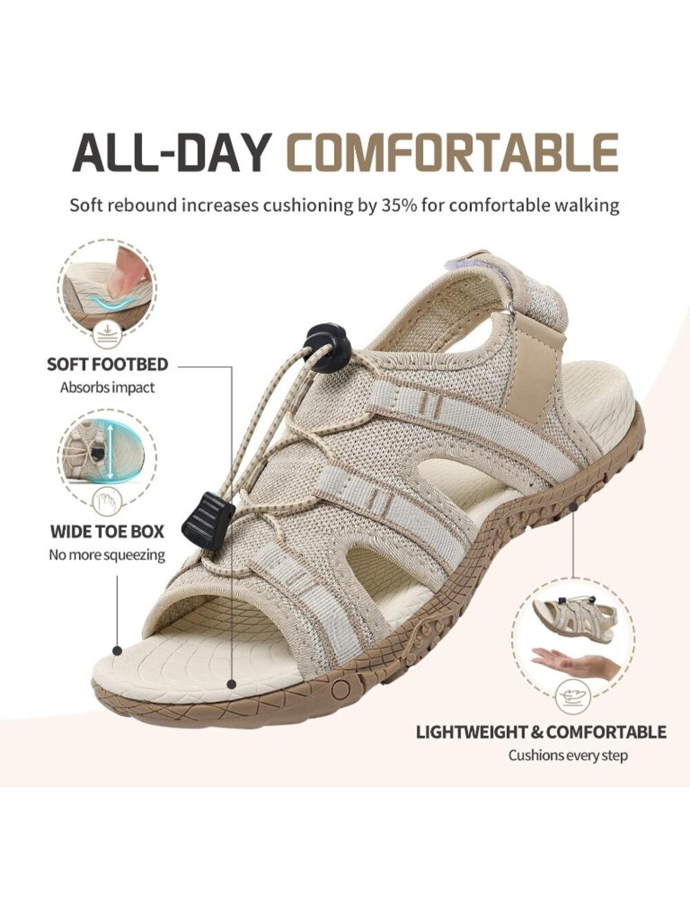 Women's Beige Mesh Orthopedic Arch Support Adjustable Sport Walking Sandals - Picture 3 of 6